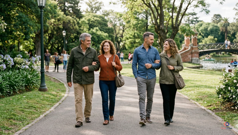Parejas caminando por un parque